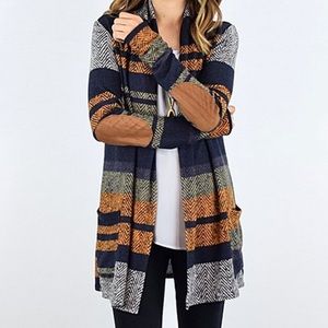 ELOGES | Rust, Blue, Gray Herringbone Suede Patch Cardigan